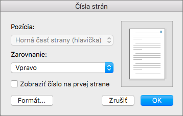 V dialógovom okne Čísla strán nastavte umiestnenie a zarovnanie čísel strán.