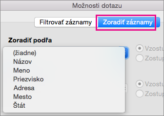 Kliknite na položku Zoradiť záznamy na zoradenie položiek v hromadnej korešpondencii