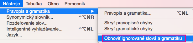 Ak chcete vymazať zoznamy slov a gramatiky, ktoré Word ignoruje, kliknite na položku Resetovať ignorované slová a gramatiku.