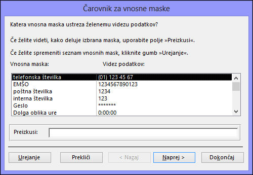 Čarovnik za vnosno masko v Accessovi namizni zbirki podatkov