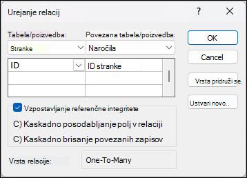 Pogovorno okno »Urejanje relacij« v Accessu s polji za združevanje »Stranke« in »Naročila«