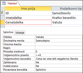 Veljavnostno pravilo polja, prikazano v Accessovem Načrtovalniku tabel