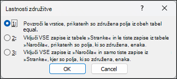 Pogovorno okno »Lastnosti stika« v Accessu je prikazano s tremi možnostmi združevanja. izbrana je prva možnost, ki določa, da so vrstice, v katere so združena polja iz obeh tabel enake.