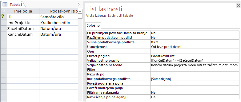 Veljavnostno pravilo tabele v Accessovem Načrtovalniku tabel.