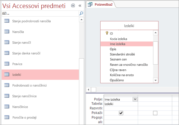 Posnetek zaslona pogleda »Vsi Accessovi predmeti«