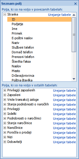 Podokno »Seznam polj«