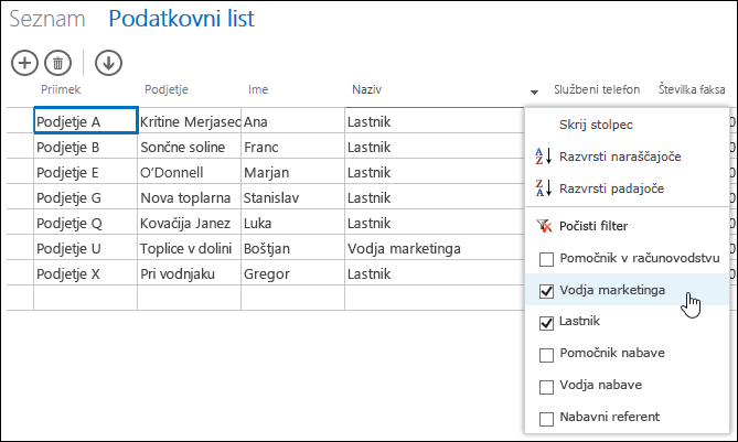 Filter options for Job Title column in datasheet
