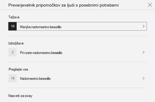 V podoknu Preverjevalnik dostopnosti so prikazane težave z nadomestnim besedilom v Swayju.