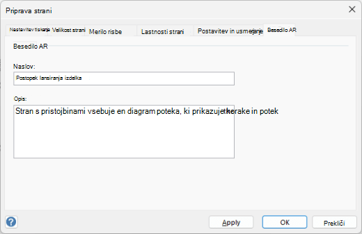 Pogovorno okno Nadomestno besedilo za stran v programu Visio za Windows.