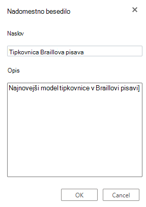 Pogovorno okno »Nadomestno besedilo« v Visiu za splet