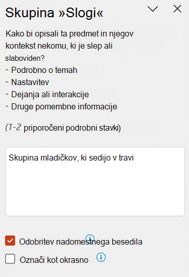 Samodejno nadomestno besedilo, prikazano v podoknu Nadomestno besedilo z označenim potrditvenim poljem Odobri nadomestno besedilo.