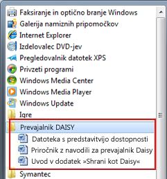 Meni »Start« z datotekami »Daisy« po namestitvi