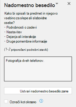 Podokno z nadomestnim besedilom, ki prikazuje primer slabega nadomestnega besedila.