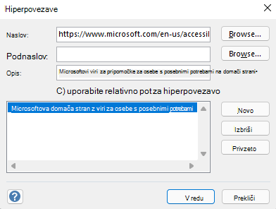 Pogovorno okno »Hiperpovezave« v Visiu za Windows.