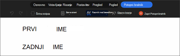 Posnetek zaslona potopnega bralnika z izbranim razmikom med besedilom. Prostor med posameznimi črkami v besedilu se poveča