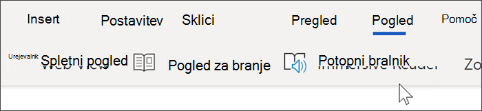 Posnetek zaslona zgornje krmarjenja po Wordu v spletu, pogled je bil izbran in kazalec premakne nad potopni bralnik