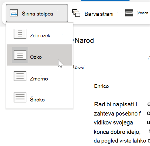 Posnetek zaslona spustnega menija širine stolpca za potopni bralnik, možnosti so zelo ozke, ozke, zmerne, široke