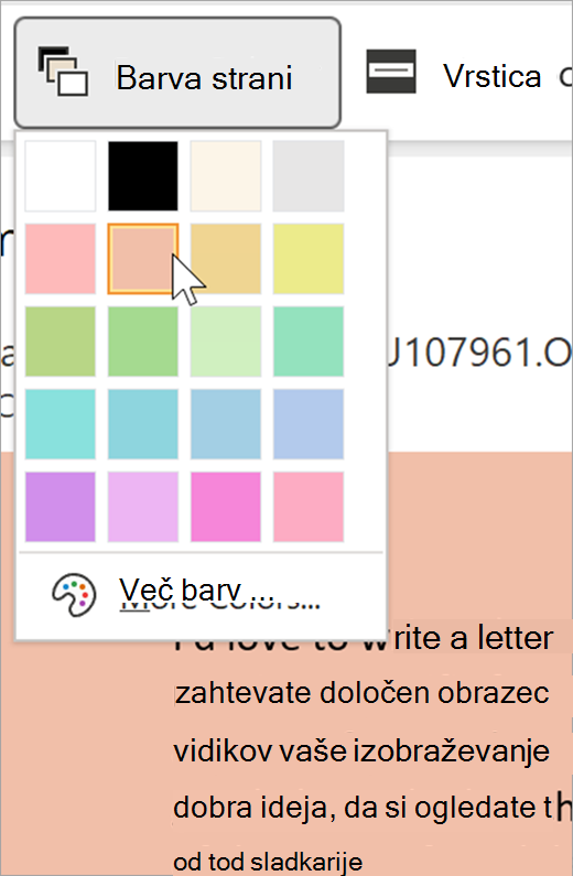 Posnetek zaslona spustnega menija Barva strani za potopni bralnik. Prikazana je barvna paleta, ozadje, ki je vidno za spustnim menijem, pa je pastelno oranžno