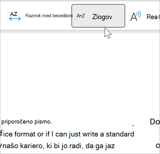 Posnetek zaslona izbrane funkcije Zlog potopnega bralnika, ki prikazuje nekaj besed v e-poštnem sporočilu, ločenih v zloge. Besedno priporočilo je prikazano kot rec dot om dot men dot da dot tion