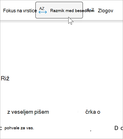 Posnetek zaslona možnosti razmika med besedilom potopnega bralnika, med črkami in med besedami je večja razdalja