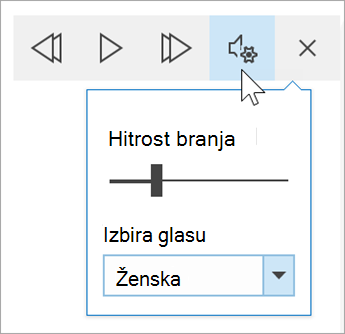posnetek zaslona orodne vrstice z glasovnimi možnostmi potopnega bralnika. Miška premakne nad nastavitve in razkrije stikalo za hitrost branja in spustni meni za izbiro glasu