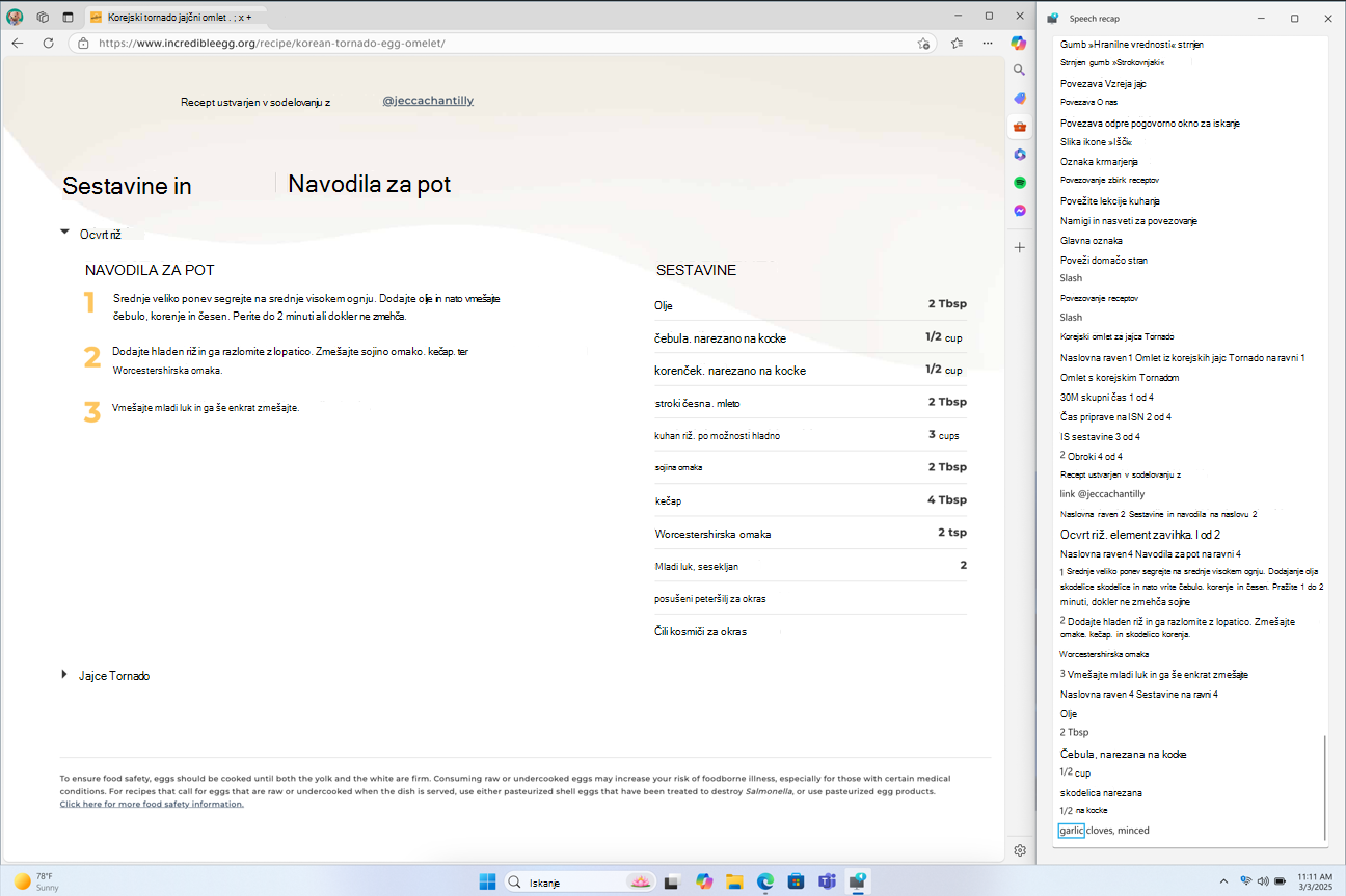 V desnem kotu zaslona se je zataknilo okno s povzetkom govora Pripovedovalca in je bil prikazan sprotni prepis Pripovedovalčevega govora.