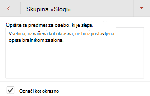 Pogovorno okno nadomestnega besedila, ki prikazuje izbrano potrditveno polje »Označi kot okrasno« v PowerPointu za Android.