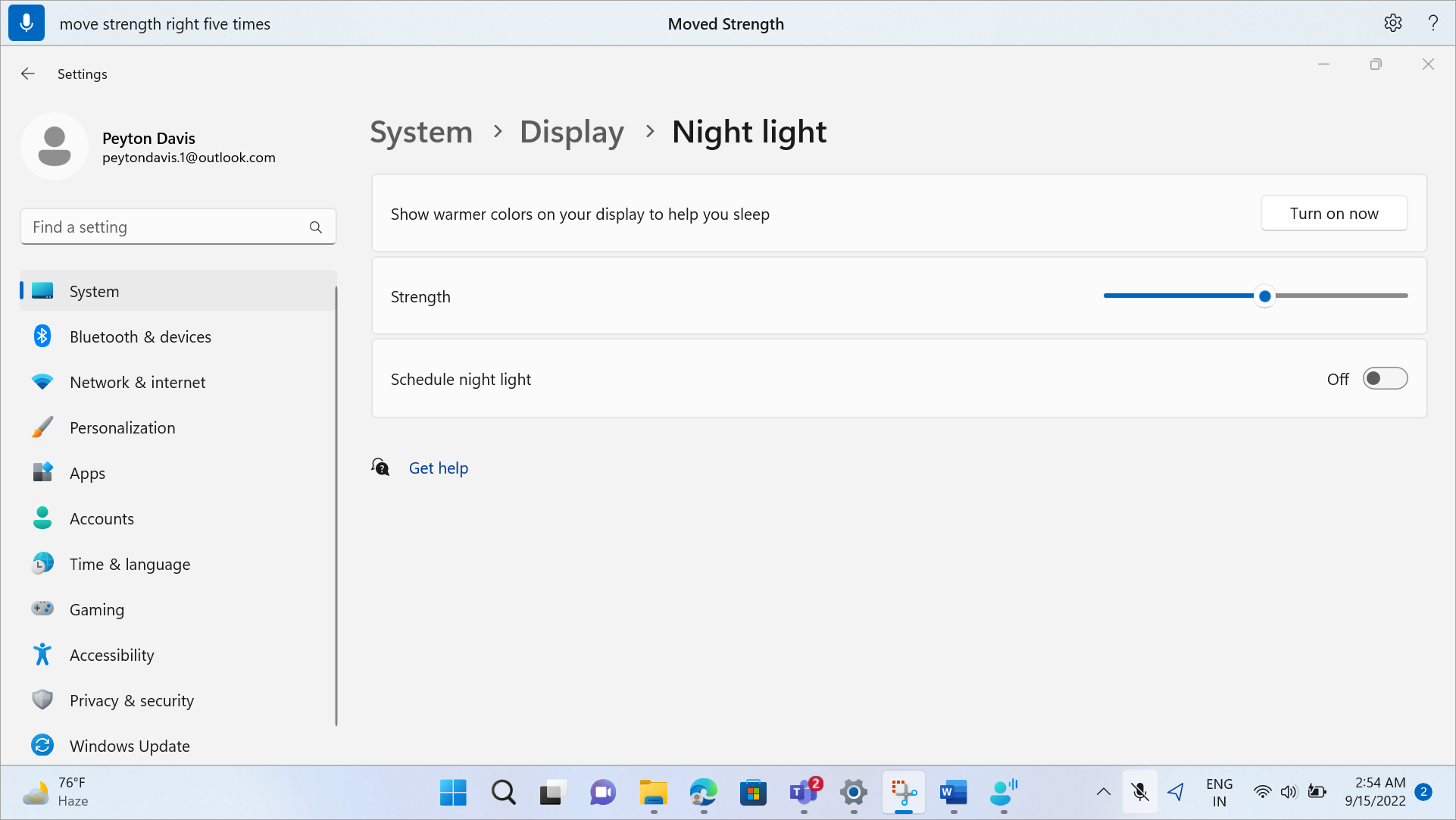 Stran »Nočna svetloba« z drsnikom za moč v sistemu Windows 11.