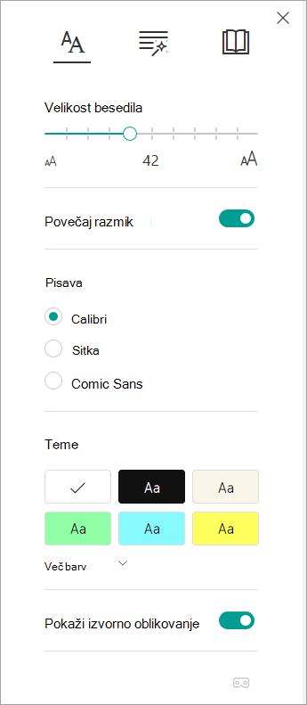 Možnosti besedila v Potopni bralnik.