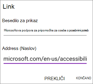 Dodajanje pogovornega okna za hiperpovezavo v OneNotu za Android