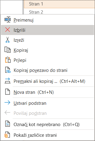 Brisanje strani v pogovornem oknu programa OneNote za Windows