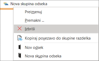 Brisanje skupine odsekov v pogovornem oknu programa OneNote za Windows