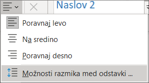 Posnetek zaslona možnosti razmika med odstavki v meniju »Osnovno«.
