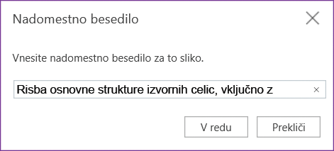 Pogovorno okno z nadomestnim besedilom za OneNote za splet