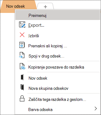 Posnetek zaslona priročnega menija z izbrano možnostjo »Preimenuj«.