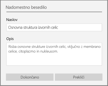 Pogovorno okno nadomestnega besedila za dodajanje nadomestnega besedila v OneNotu za Windows 10.