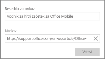 Posnetek zaslona pogovornega okna za dodajanje povezave hiperbesedila v OneNotu za Windows 10.