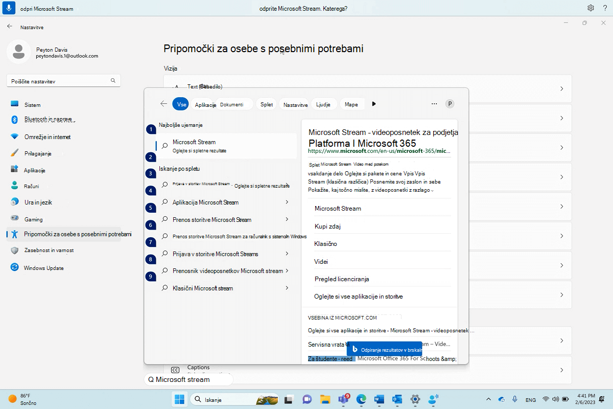 Pogovorno okno za odpiranje storitve Microsoft Stream z glasovnim dostopom sistema Windows.