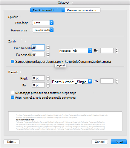 Pogovorno okno »Odstavek« v programu Outlook for Mac.