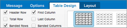 Potrditveno polje Vrstica z glavo v programu Outlook for Mac.