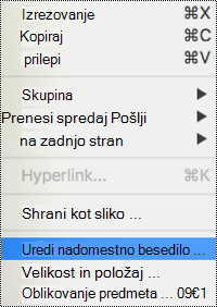 Možnost »Uredite nadomestno besedilo« v priročnem meniju v programu PowerPoint za Mac