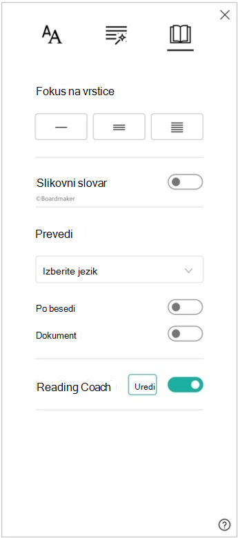Posnetek zaslona podokna z nastavitvami branja v potopnem bralniku, ki prikazuje možnosti za fokus na vrstice, slikovni slovar, prevajanje in mentorja za branje.