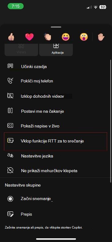 Več dejanj za srečanje v aplikaciji Teams v sistemu iOS.
