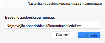 Zaslonski namig za hiperpovezavo v Outlooku
