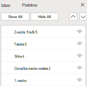 Podokno za izbor za razporejanje predmetov na diapozitivu v PowerPointu za splet.