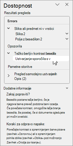 Podokno za dostopnost z rezultati pregleda