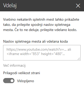 Posnetek zaslona s pogovornim oknom »Vdelava kode« v SharePointu.