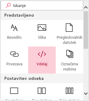 Posnetek zaslona z menijem »Vdelava vsebine« v SharePointu.