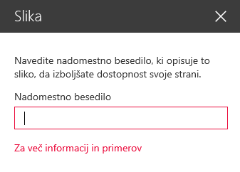 Posnetek zaslona s pogovornim oknom z nadomestnim besedilom za sliko v SharePointu.