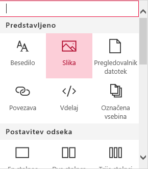 Posnetek zaslona z izbranim spletnim gradnikom Slika v SharePointu.